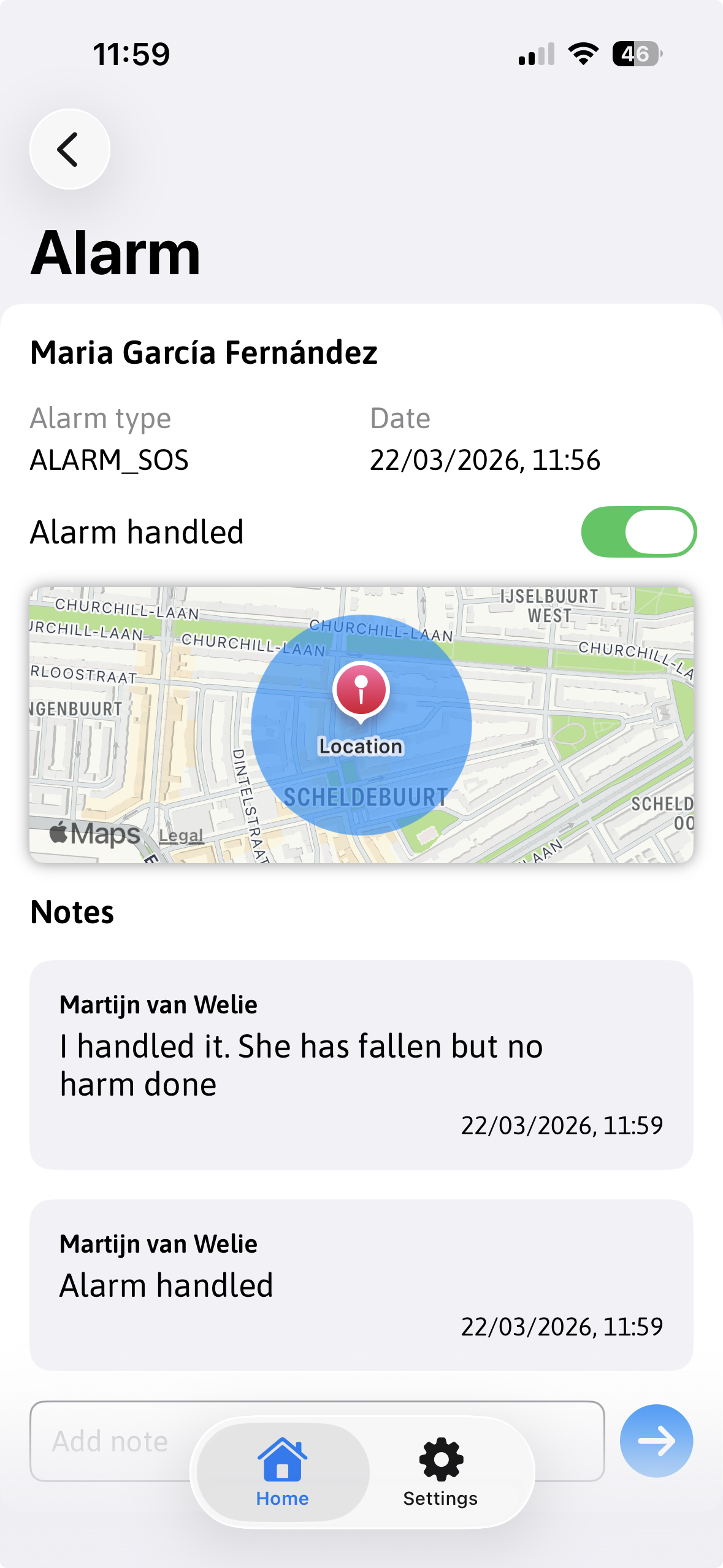Care Circle watch showing the time and safety heart icon