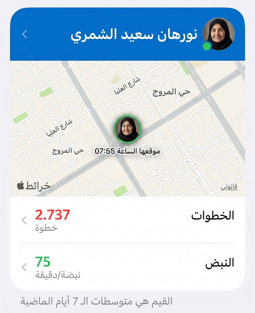 ساعة Care Circle تعرض الوقت وأيقونة قلب للسلامة