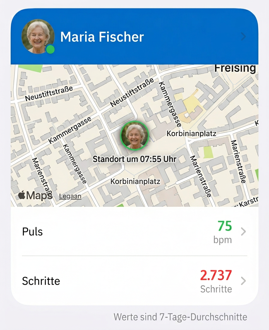 Care Circle Uhr mit Uhrzeit und Sicherheits-Herzsymbol