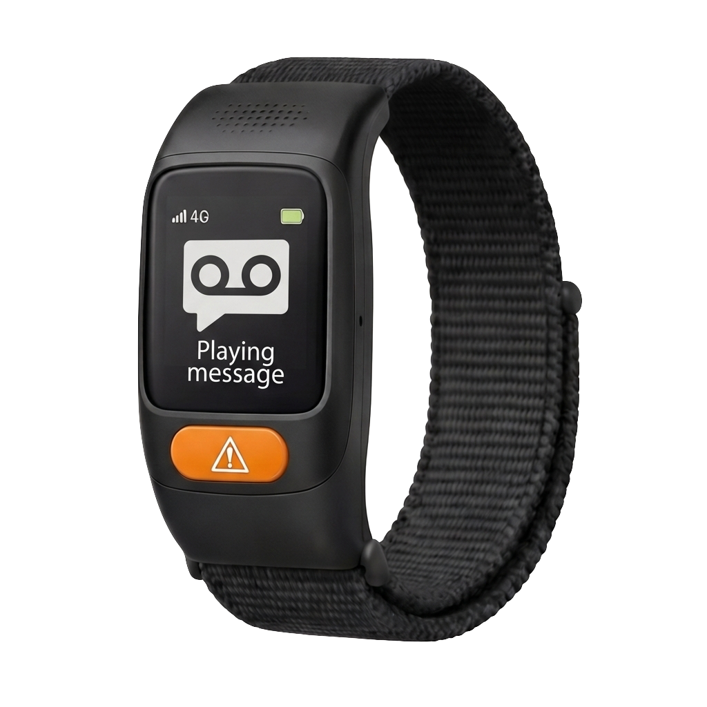 Care Circle watch showing the time and safety heart icon