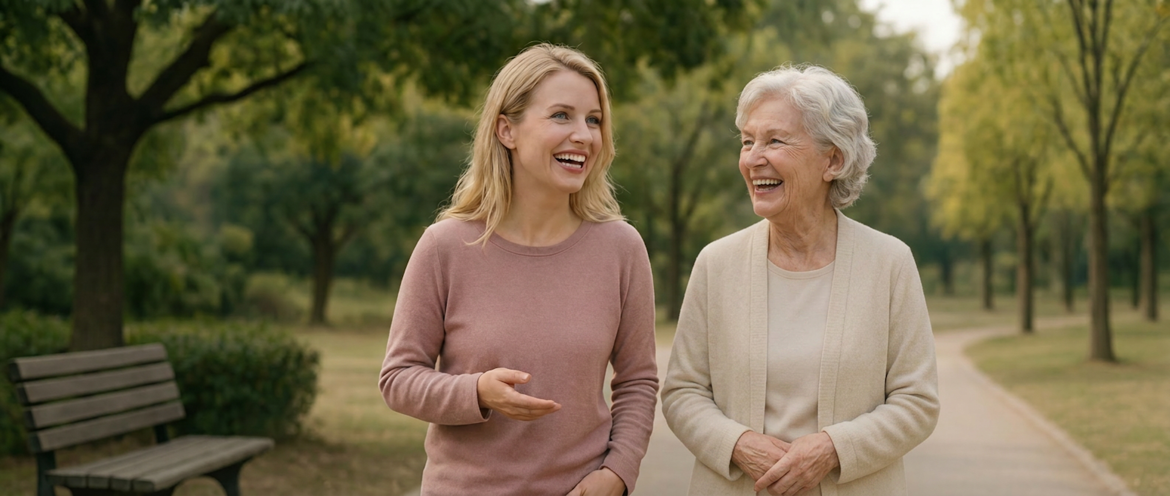 A caregiver smiling with their parent on a walk