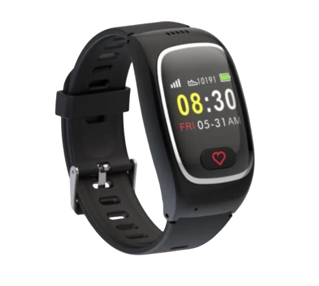 Reloj wearable CareCircle para personas mayores con botón SOS frontal