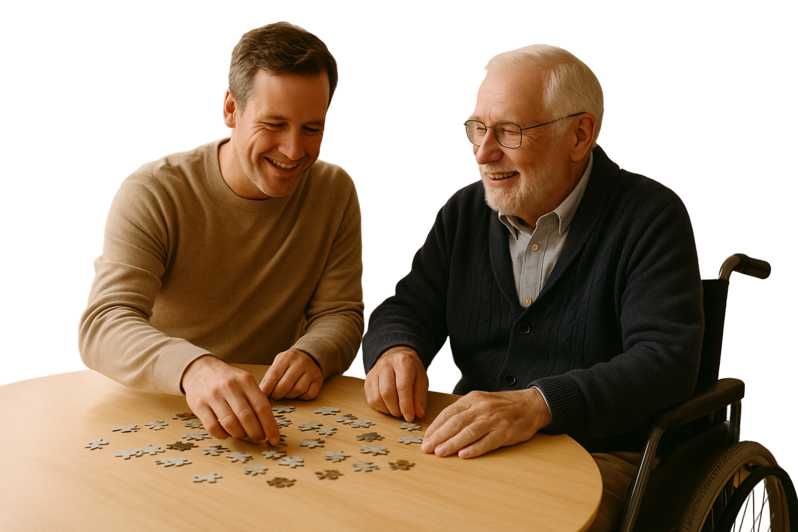 Luca e il padre Giorgio ridono insieme mentre fanno un puzzle
